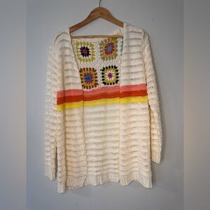 Boho Crochet Cardigan Granny Square Open Front Cream Rainbow Festival Sweater